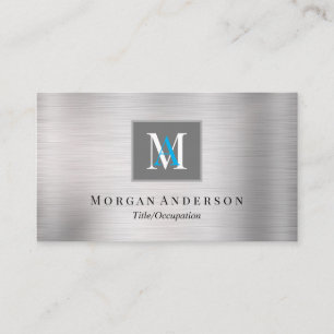 DIY White/Blue Monogram Name, Ocean Blue & Silver Visitenkarte