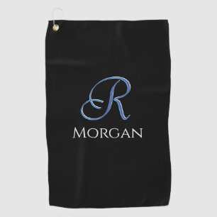 DIY White Name & Large 3-D Initial Med Blue, Black Golfhandtuch