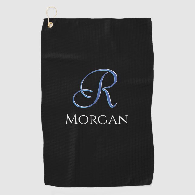 DIY White Name & Large 3-D Initial Med Blue, Black Golfhandtuch (Vorderseite)