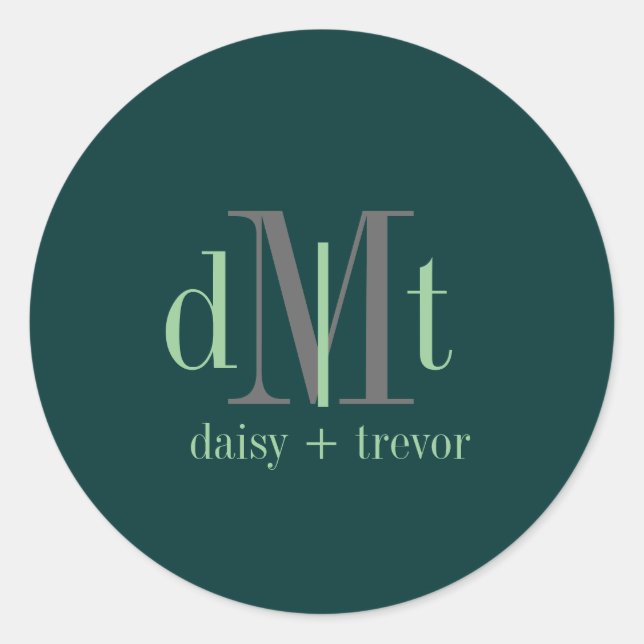 DIYcolor Hunter Green+Graphite+Mint Monogram Runder Aufkleber (Vorderseite)
