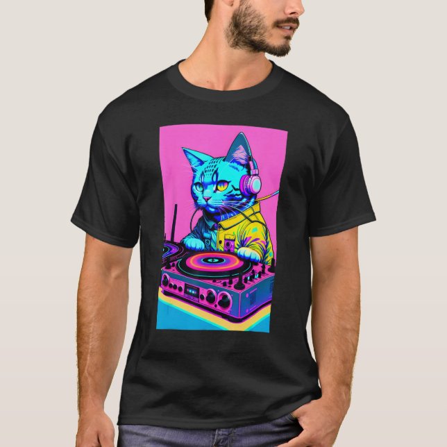 DJ Cat Headphones Turntable DJ Mixer Dreamwave Sty T-Shirt (Vorderseite)