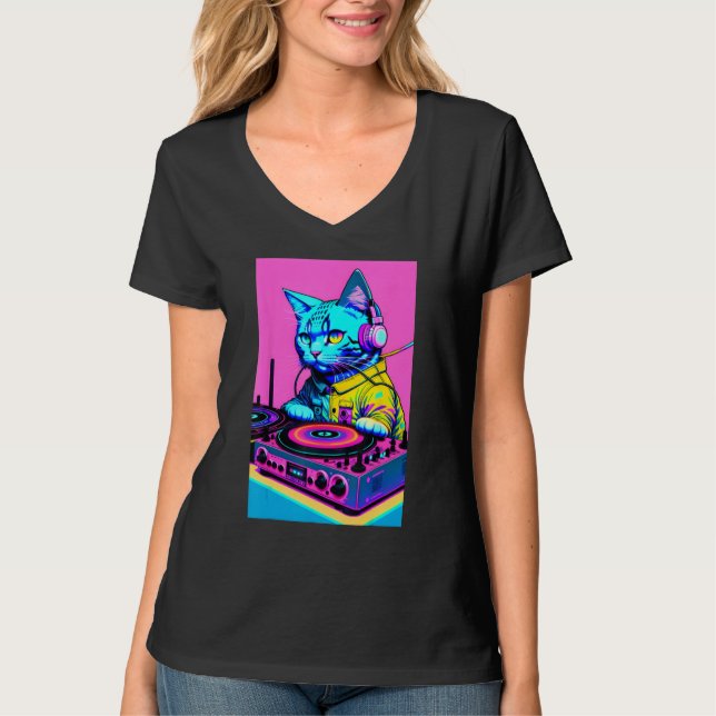 DJ Cat Headphones Turntable DJ Mixer Dreamwave Sty T-Shirt (Vorderseite)