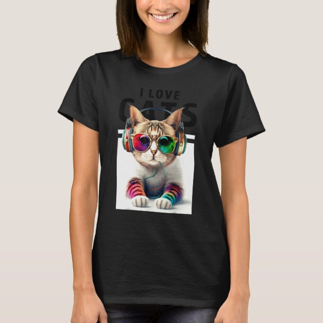 DJ Cat mit Cooler Style Sonnenbrille Headphone Mus T-Shirt (Vorderseite)