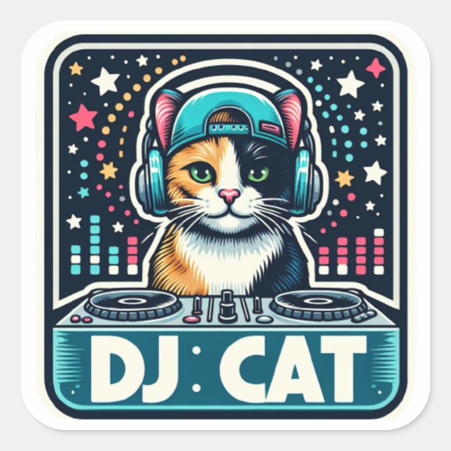 DJ Cat Quadratischer Aufkleber (Vorderseite)