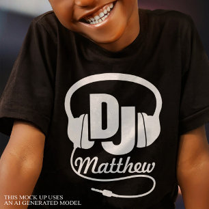 DJ dein Name weiß auf schwarzem Kinder T-Shirt