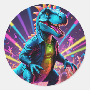DJ Dinosaur Party mit Neon Lights Runder Aufkleber