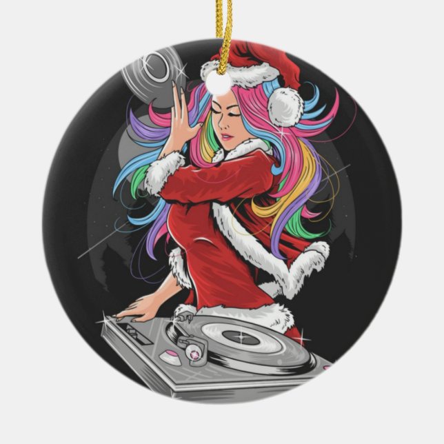 DJ GIRL MIT RAINBOW HAAR IN SANTA ANZUG KERAMIK ORNAMENT (Vorne)
