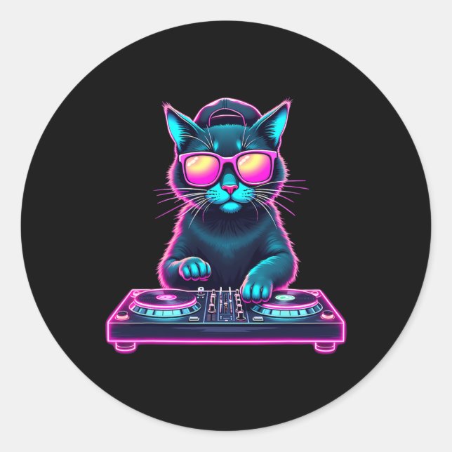 Dj House Cat Rainbow Dj Cat Kitty Runder Aufkleber (Vorderseite)