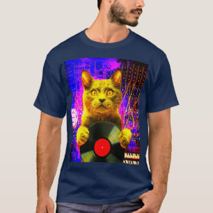 Dj Katze am Synthesizer im Weltraum Vinyl-Schallpl T-Shirt