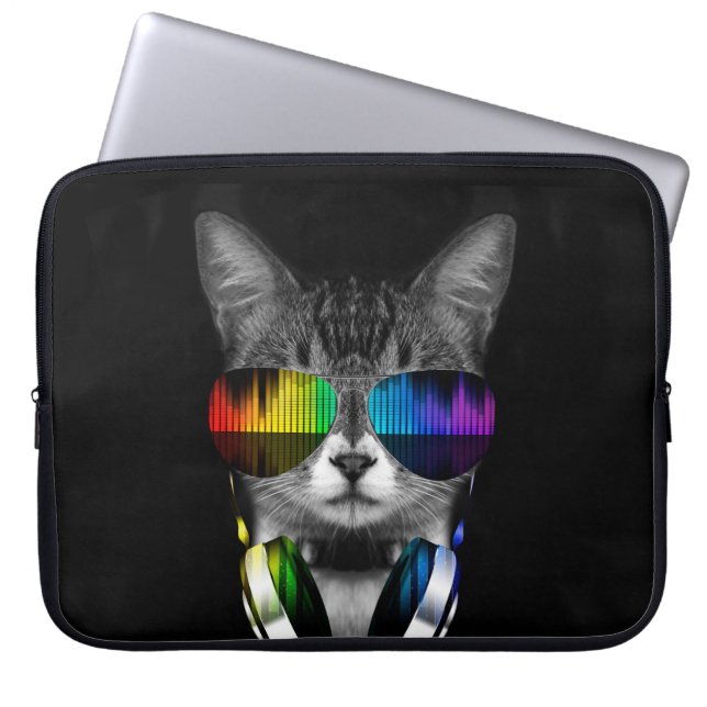 DJ-Katze mit Sonnenbrille und Kopfhörer Laptopschutzhülle (Vorderseite)