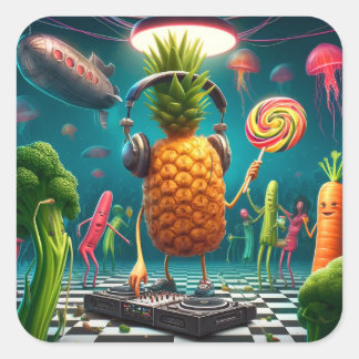 DJ Pineapple Party in einer Surreal Underwater Dis Quadratischer Aufkleber