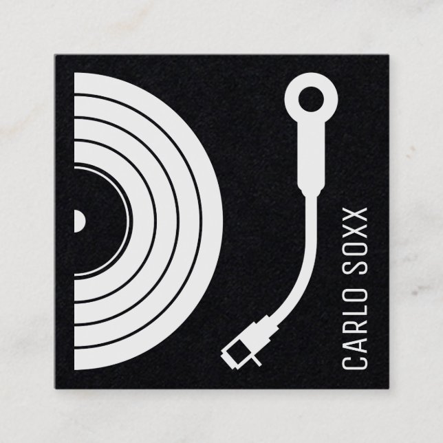 DJ-Schild als Vinyl Plattenplatte Retro schwarz Quadratische Visitenkarte (Vorderseite)