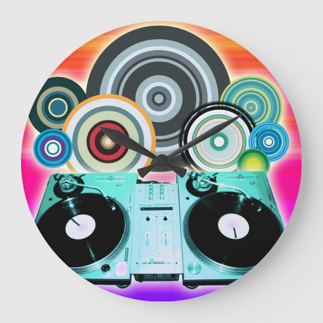 DJ Turntable mit Vinyl - Pop Art Große Wanduhr (Vorderseite)