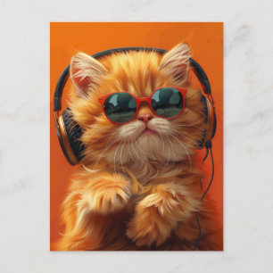 DJ Whiskers - Funny Orange Cat mit Kopfhörern Postkarte