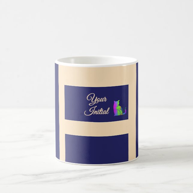 Dk Blau + Creme Streifen Grüne Katze Kaffeetasse (Mittel)
