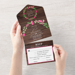 Dk Braunes Rustikales Holz Rosa Florales Landhochz All In One Einladung