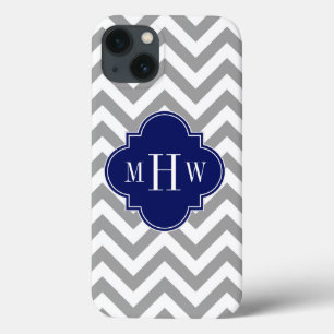 Dk Grau Lg Zickzack Navy Quatrefolie 3 Monogramm iPhone 13 Hülle