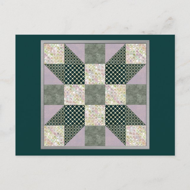 Dk Green & Lavender Star Patch Quilt Postkarte (Vorderseite)