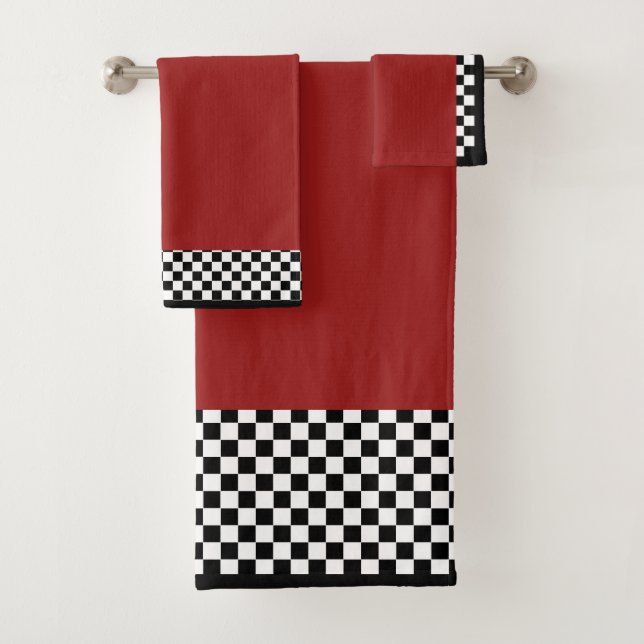 Dk Rot + Schwarz Weiß Karos Badhandtuch Set (Insitu)