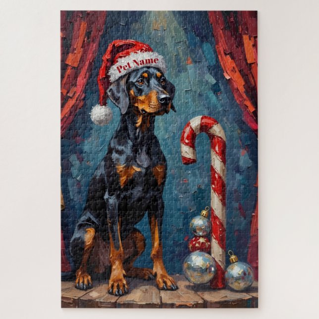 Doberman Balancing Act Christmas Candy Cane Hat Puzzle (Vertikal)