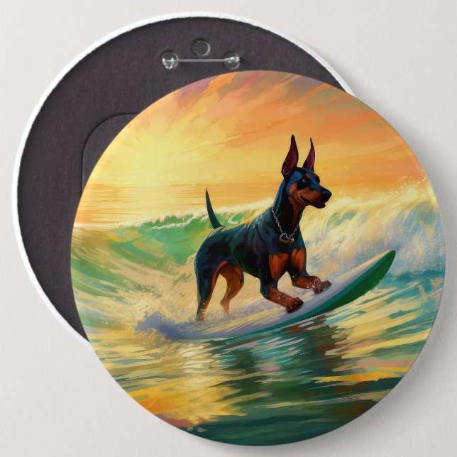 Doberman Beach Surfing Painting Button (Vorne & Hinten)