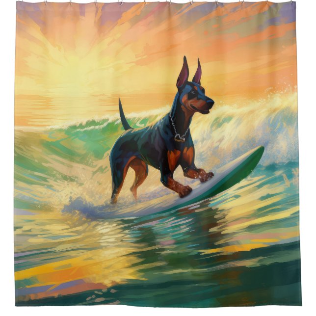 Doberman Beach Surfing Painting Duschvorhang (Vorderseite)