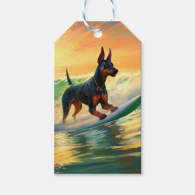 Doberman Beach Surfing Painting Geschenkanhänger (Vorderseite)