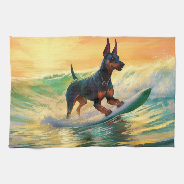 Doberman Beach Surfing Painting Geschirrtuch (Horizontal)