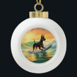 Doberman Beach Surfing Painting Keramik Kugel-Ornament<br><div class="desc">Tauchen Sie ein in die spielerische Welt des Kaninchen-Abenteuers mit diesem faszinierenden Bild. Ein gepflegter Hund geht zu den Wellen und reitet geschickt auf einem sonnengeküssten Strand. Das lebendige Kunstwerk vereint wunderbar das Wesentliche der Erregung am Strand, während der Hund furchtlos auf den Wellen reitet und den Geist von Spaß...</div>