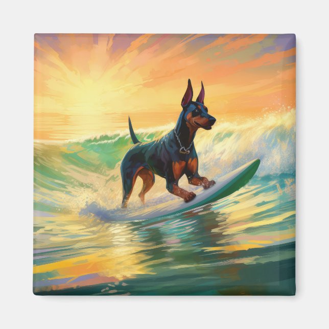 Doberman Beach Surfing Painting Magnet (Vorne)