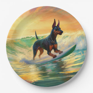 Doberman Beach Surfing Painting Pappteller