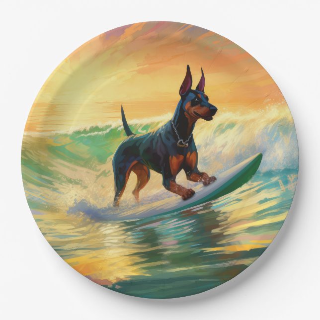 Doberman Beach Surfing Painting Pappteller (Vorderseite)