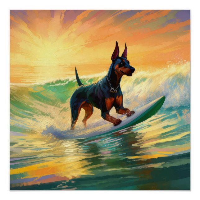 Doberman Beach Surfing Painting Poster (Vorderseite)