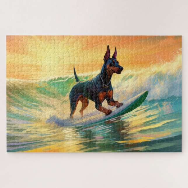 Doberman Beach Surfing Painting Puzzle (Horizontal)