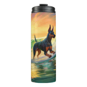 Doberman Beach Surfing Painting Thermosbecher