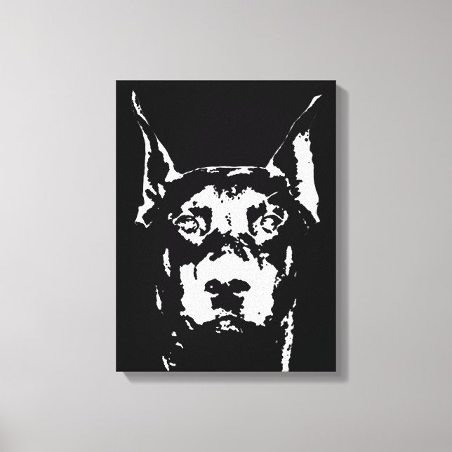 Doberman Black & White Wrapped Canvas Print Leinwanddruck (Vorderseite)
