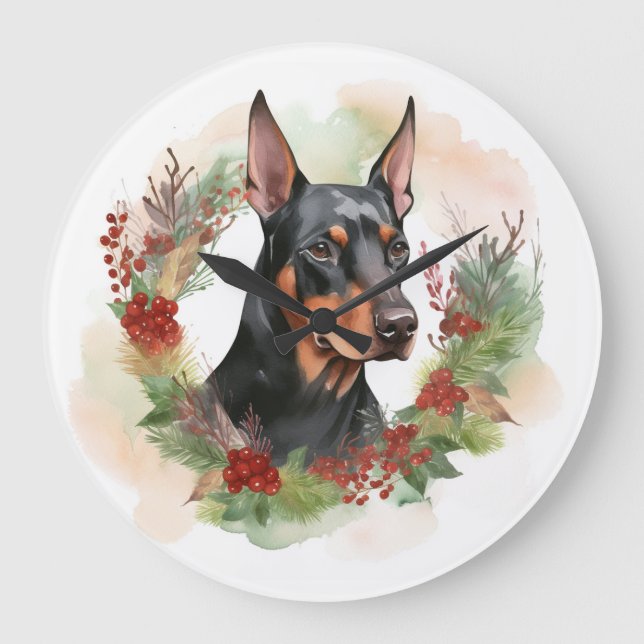 Doberman Christmas Wreath Festivals Große Wanduhr (Vorderseite)