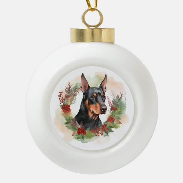 Doberman Christmas Wreath Festivals Keramik Kugel-Ornament (Vorderseite)