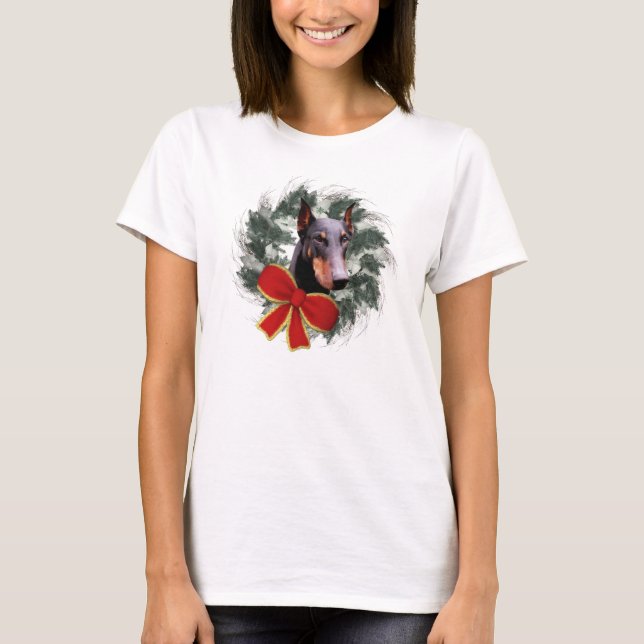 Doberman Dog and Kranz Weihnachten T-Shirt (Vorderseite)