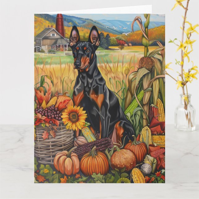 Doberman Dog Autumn Harvest Erntedank Karte (Gelbe Blume)