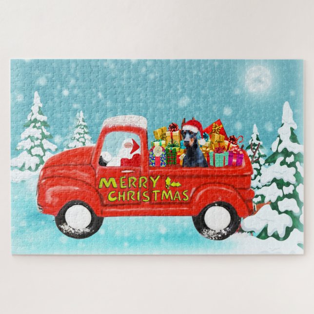 Doberman Dog Christmas Santa Delivery Truck Puzzle (Horizontal)