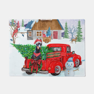 Doberman Dog in Christmas Delivery LKW Schnee Fußmatte