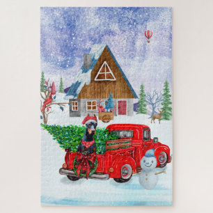 Doberman Dog in Christmas Delivery LKW Schnee Puzzle