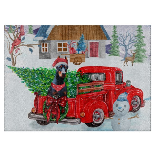 Doberman Dog in Christmas Delivery LKW Schnee Schneidebrett (Vorderseite)