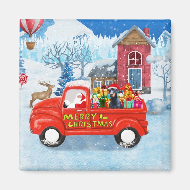 Doberman Dog in Christmas Delivery Truck Schnee Magnet (Vorne)