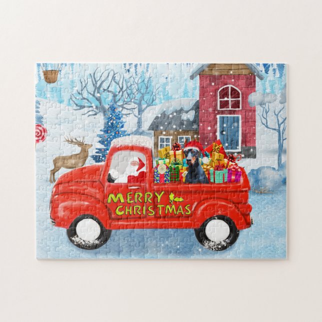 Doberman Dog in Christmas Delivery Truck Schnee Puzzle (Horizontal)