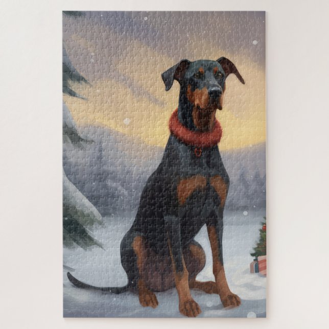 Doberman Dog in Schnee Weihnachten Puzzle (Vertikal)