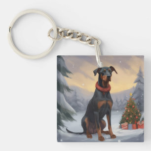 Doberman Dog in Schnee Weihnachten Schlüsselanhänger