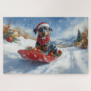 Doberman Dog in Sledge Lass es Schnee Weihnachten Puzzle