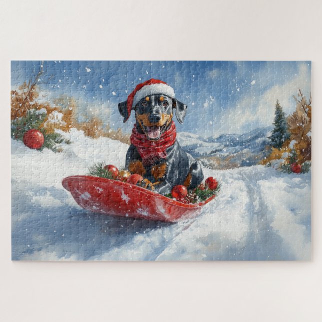 Doberman Dog in Sledge Lass es Schnee Weihnachten Puzzle (Horizontal)